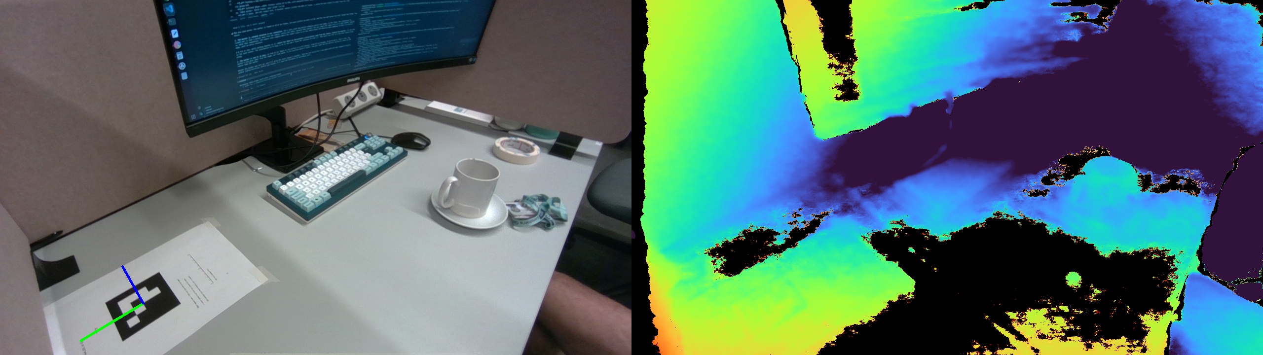 Left: D405 colour image of the desk with the table marker's axes drawn on it, red x pointing away from the camera, green y to the left, blue z up. Right: the aligned depth image.
